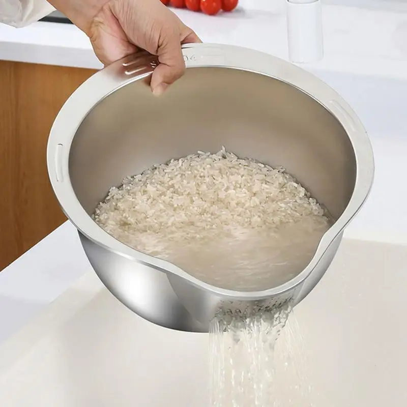 Rice Washing Bowl Stainless Steel Rice Washing Bowl With Side Filter Mesh High Capacity Microporous Noodle Strainer Kitchen Tool