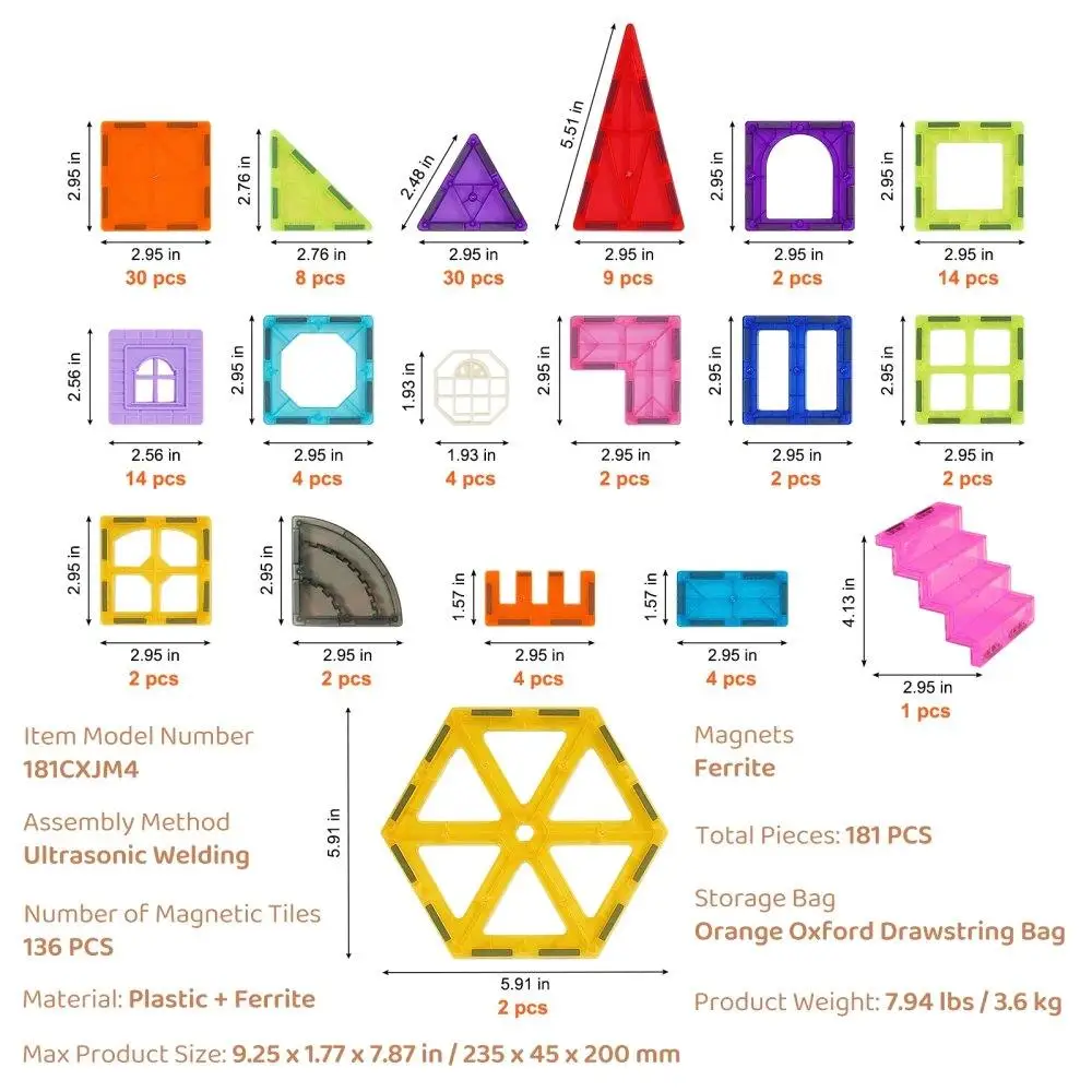 بلاط البناء المغناطيسي 181 قطعة كتل مغناطيسية ثلاثية الأبعاد لعبة تعليمية للأطفال مجموعة البناء الإبداعي