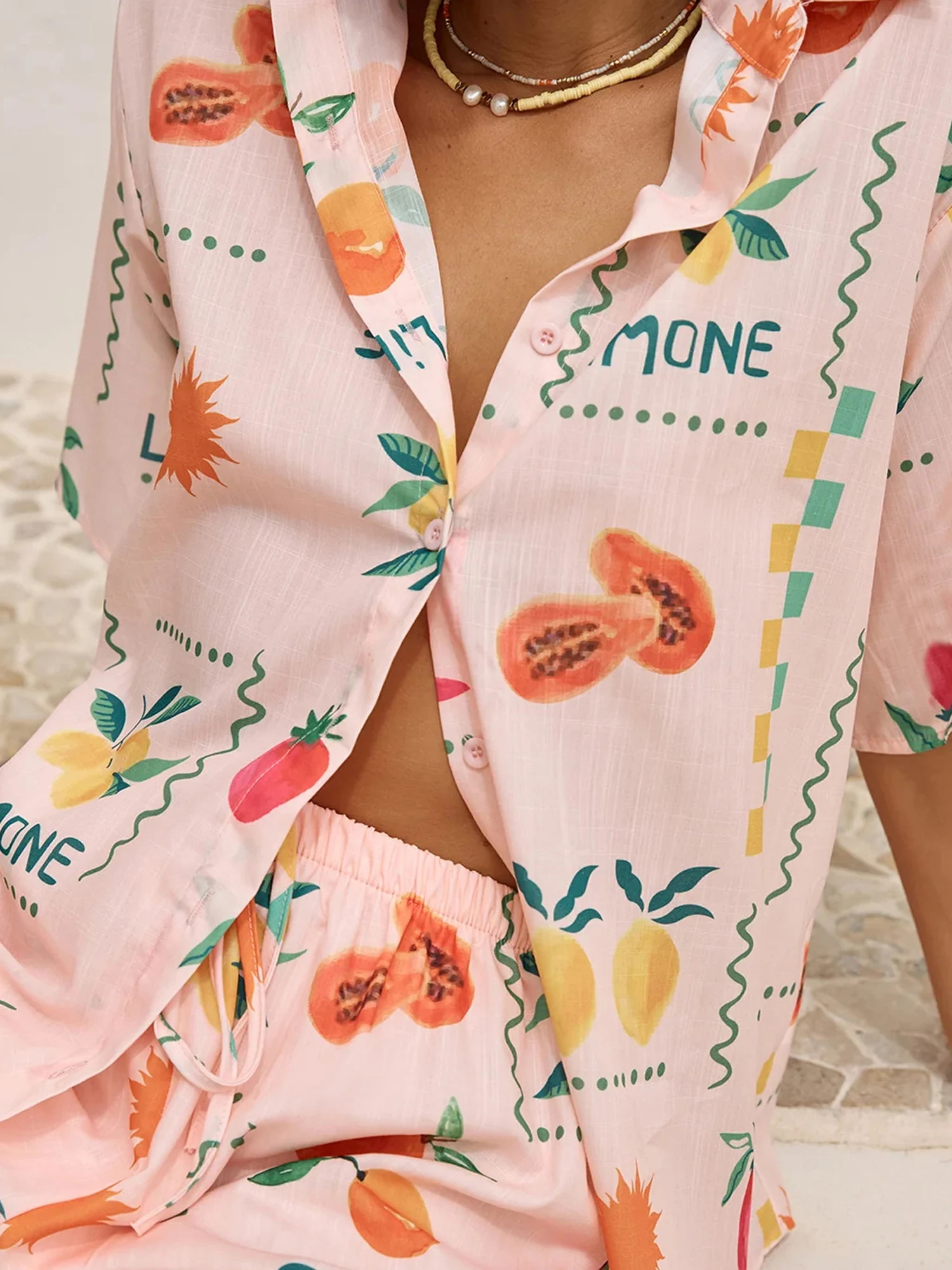 Women Loose Pajama Set Fruit Print Short Sleeve Shirt with Elastic Waist Shorts Summer 2 Pieces Outfits