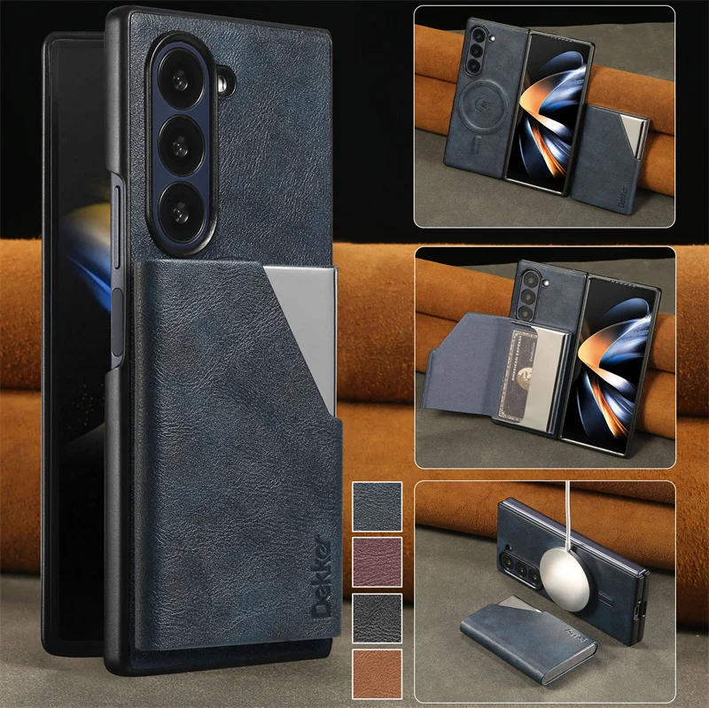 

MagSafe Магнитный кожаный флип-чехол 2 в 1, чехол для телефона Samsung Galaxy Z Fold 6 5 4 3, многофункциональная задняя крышка коробки для визиток