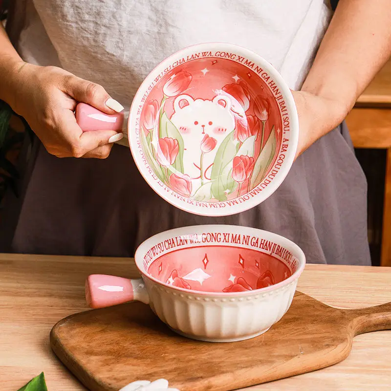 

Creative Pink Bear Handle Bowls, Cartoon Ceramic Single Handle Rice Bowl,Breakfast Ramen Bowl, Kitchen Utensils Fruit Salad Bowl