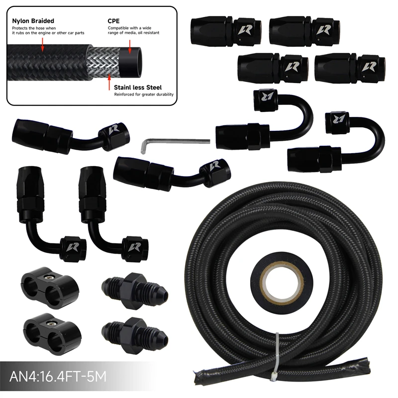 Universal 16.4FT 5M AN4 Nylon/ Stainless Steel Braided Fuel Line + AN4 Hose End Fitting Kit Black/Silver For civic