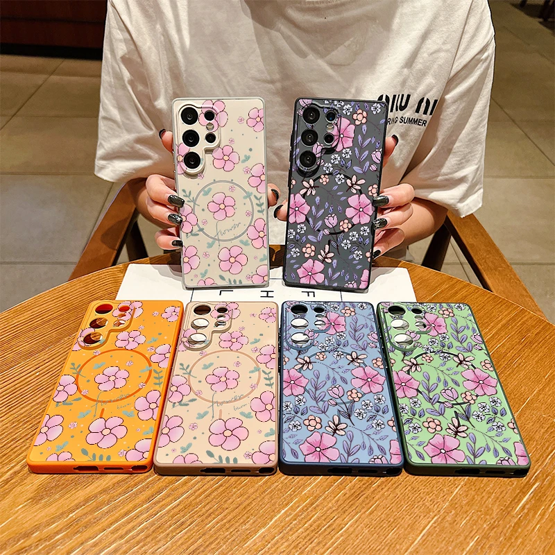 Magnetic For Magsafe Phone Case For Samsung Galaxy A56 A26 5G A37 A57 A 57 A17 Flower Floral Print Hard PC Matte Bumper Cover
