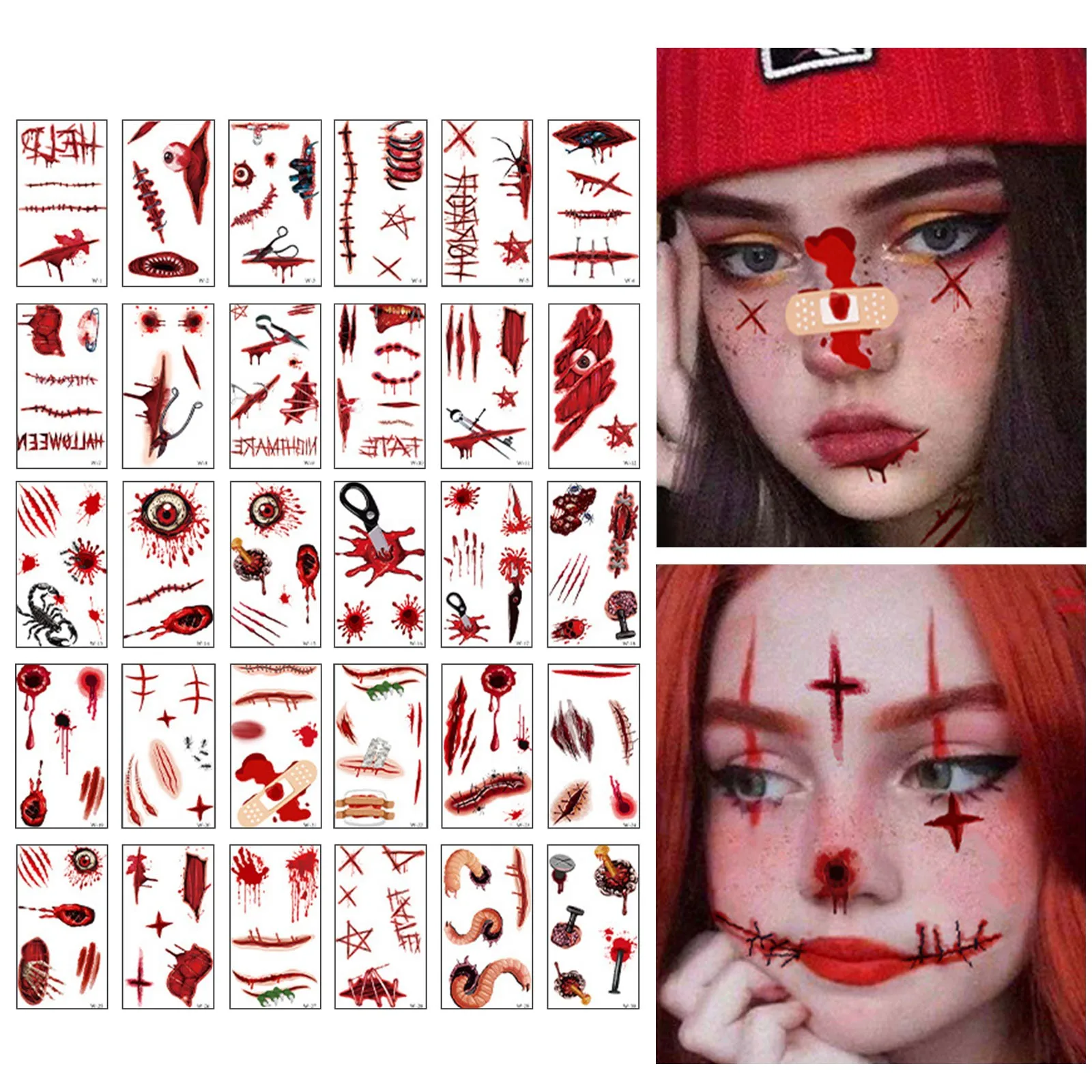 30pcs/Set Halloween Party Temporary Tattoos Zombie Makeup Scar Wound Blood Bleeding Tattoo Stickers Kids Women Men Cosplay