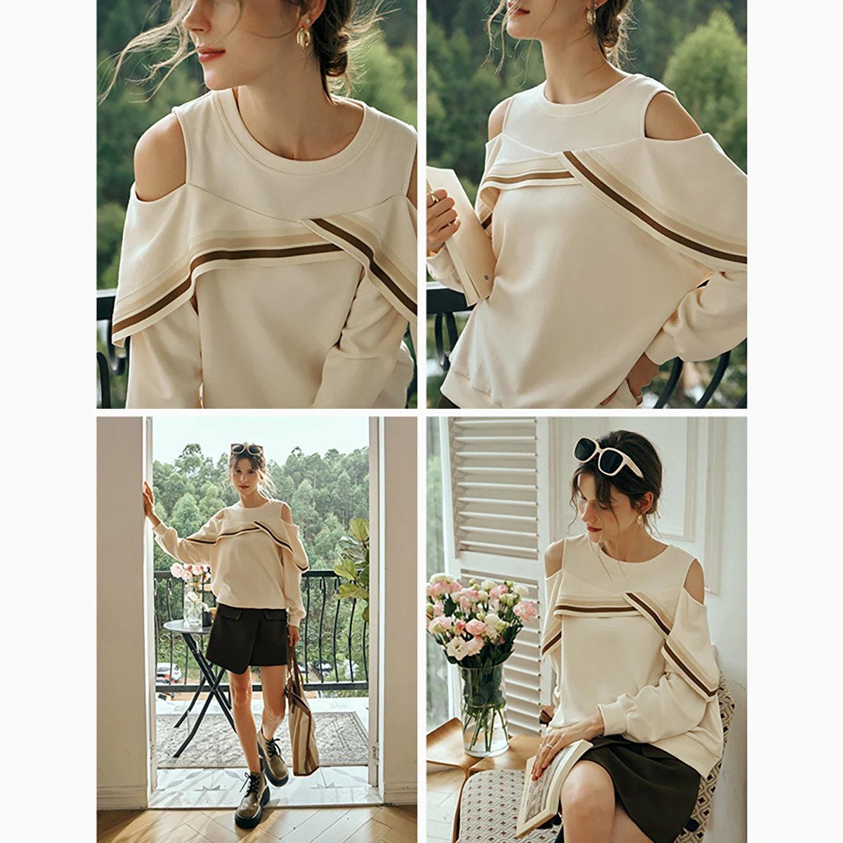 OLrain Oriel Apricot Crew Neck Sweater Women's Early Spring 2025 New French Shoulder-Spilling Design Top O23QR83326