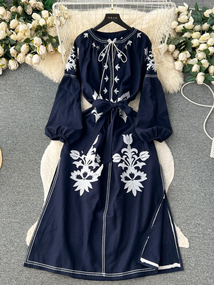 Women Beach Dress Spring Autumn Long Sleeve Vintage Floral Embroidery Boho Dresses Ladies Casual Slim Long Robe Vestidos X831