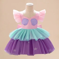 Baby Girl Mermaid Cosplay Party Dresses Girls Pink Bow Princess Dress Toddler Flying Sleeves Layered Tutu Gown Kids Holiday Wear