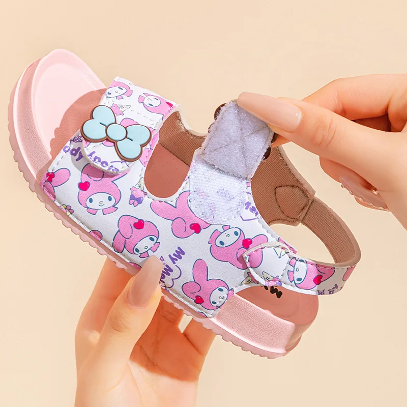 

Детская повседневная обувь, сандалии, туфли на низком каблуке, туфли из искусственной кожи с бантом и открытым носком для девочек, нескользящие розовые, синие туфли, размер 15–20 см