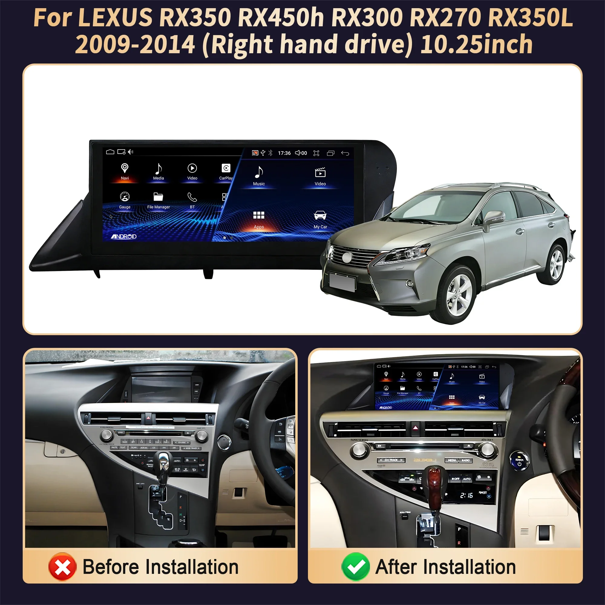 10.25'' Right Hand Drive Car Radio Screen Snapdragon 680 Carplay Android 14 For LEXUS RX350 RX450h RX300 RX270 RX350L 2009-2014