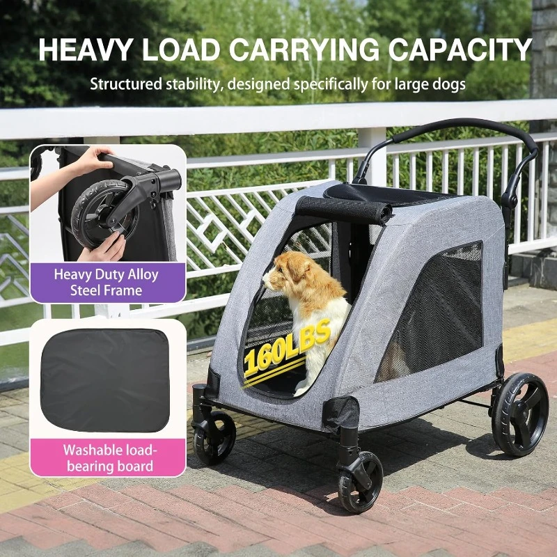 Large Dog Stroller Adjustable Handles,Lightweight Folding All-Terrain 4 Wheel 2 Medium Dogs,Dual Entry Safety Capacity 160 lbs