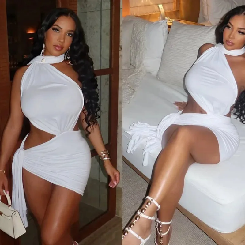 

2025 Sexy Hollow Out Bodycon Dress Women Backless Lace Up Ruched Ribbon Waistless Mini Clubwear Night Party Slim Fit Outfit New