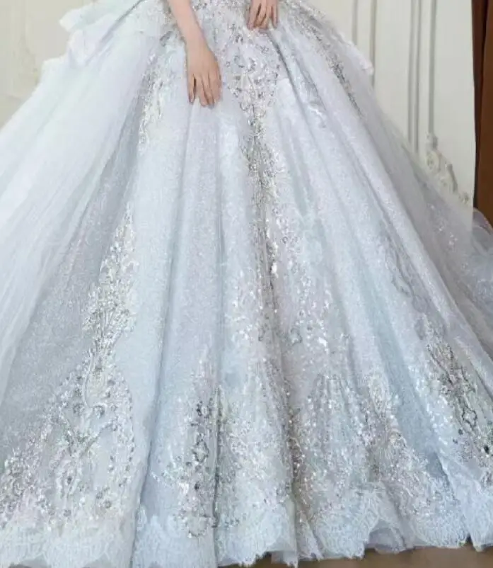 Robe de Mariée en Maille à Paillettes sur Mesure, Tissu Floral Perlé, Accessoires de Matériel Brodé