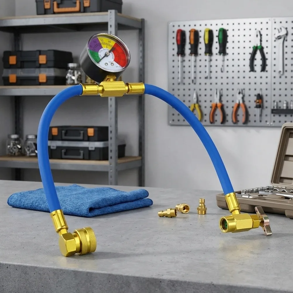 R134A AC Charging Hose Kit With Pressure Gauge, Self-Sealing Tap Valve, 90° Push-Lock Connector For Car & Home Air Conditioning
