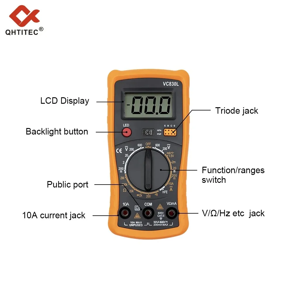 QHTITEC VC830L Digital Multimeter AC/DC Ammeter Volt Ohm Tester Meter Multimetro  With LCD Screen Backlight Portable Voltmeter