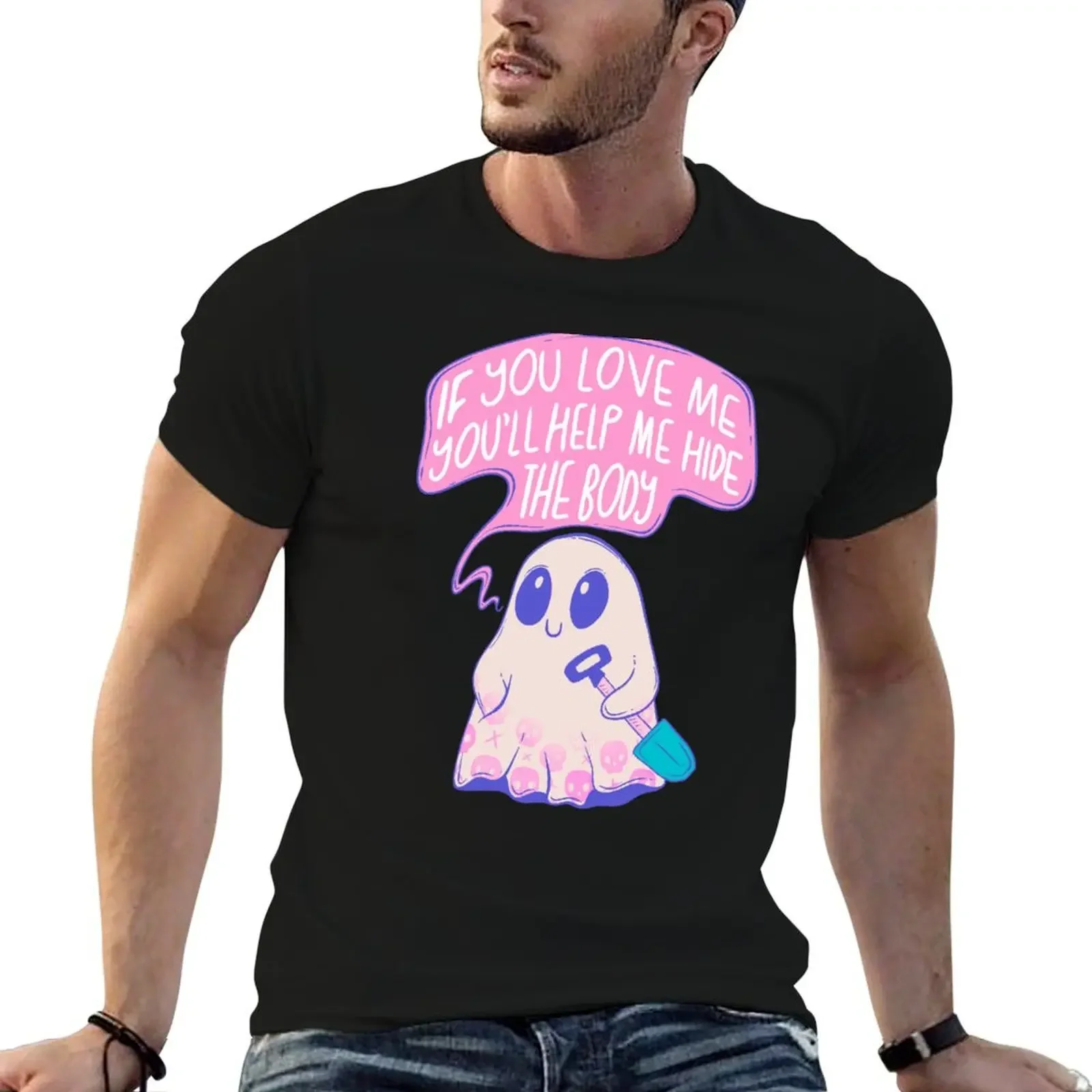 

Cute Ghost with Shovel - Playful Macabre Humor T-Shirt anime boys whites rapper graphic tees clothes for men