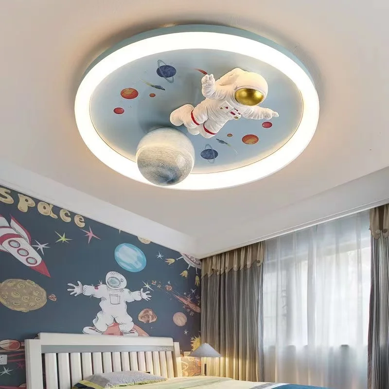 Remote LED Moon Astronaut Ceiling Lights Childrens Room Study Boy Bedroom Cartoon Space Ceiling Lamp Lustre Baby Kids Chandelier