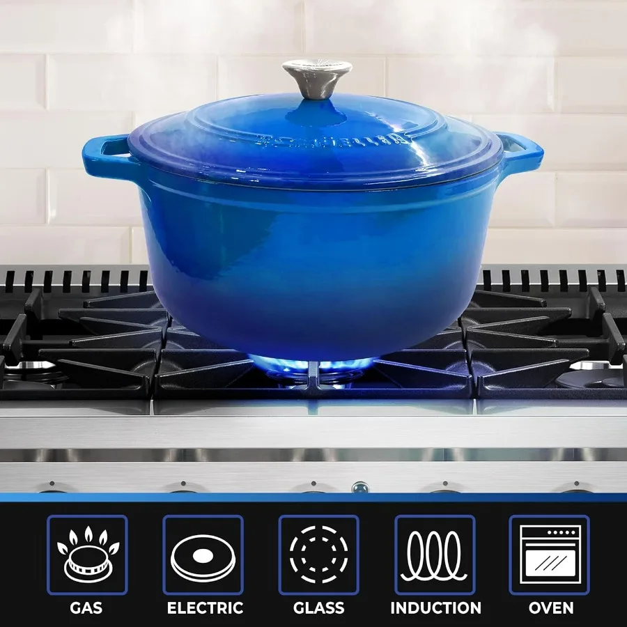 MELLERHOME 7.5 QT فرن هولندي من الحديد الزهر المطلي بالمينا طبق خزفي عالي التحمل ومقلاة برايزر مع غطاء ومقبض من الفولاذ المقاوم للصدأ OvenSafe u
