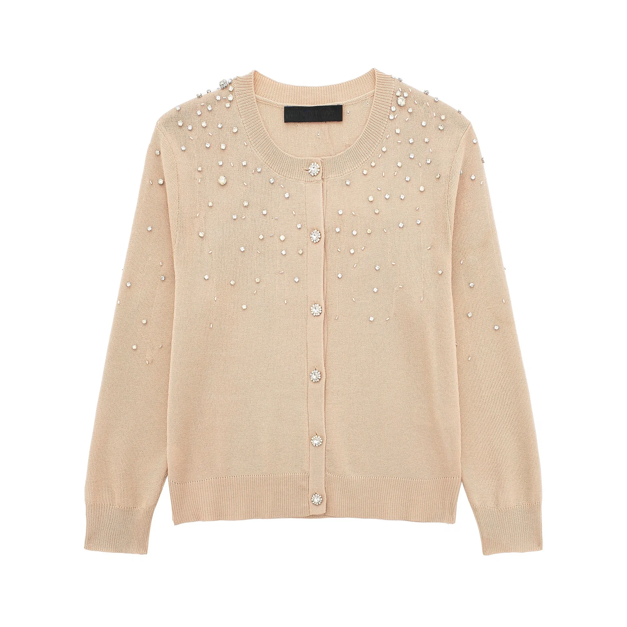 Tangada 2024 Women Beading Decorate Cardigan Sweaters Long Sleeve Female Crop Jumper 3H0438