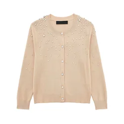 Tangada 2024 Women Beading Decorate Cardigan Sweaters Long Sleeve Female Crop Jumper 3H0438