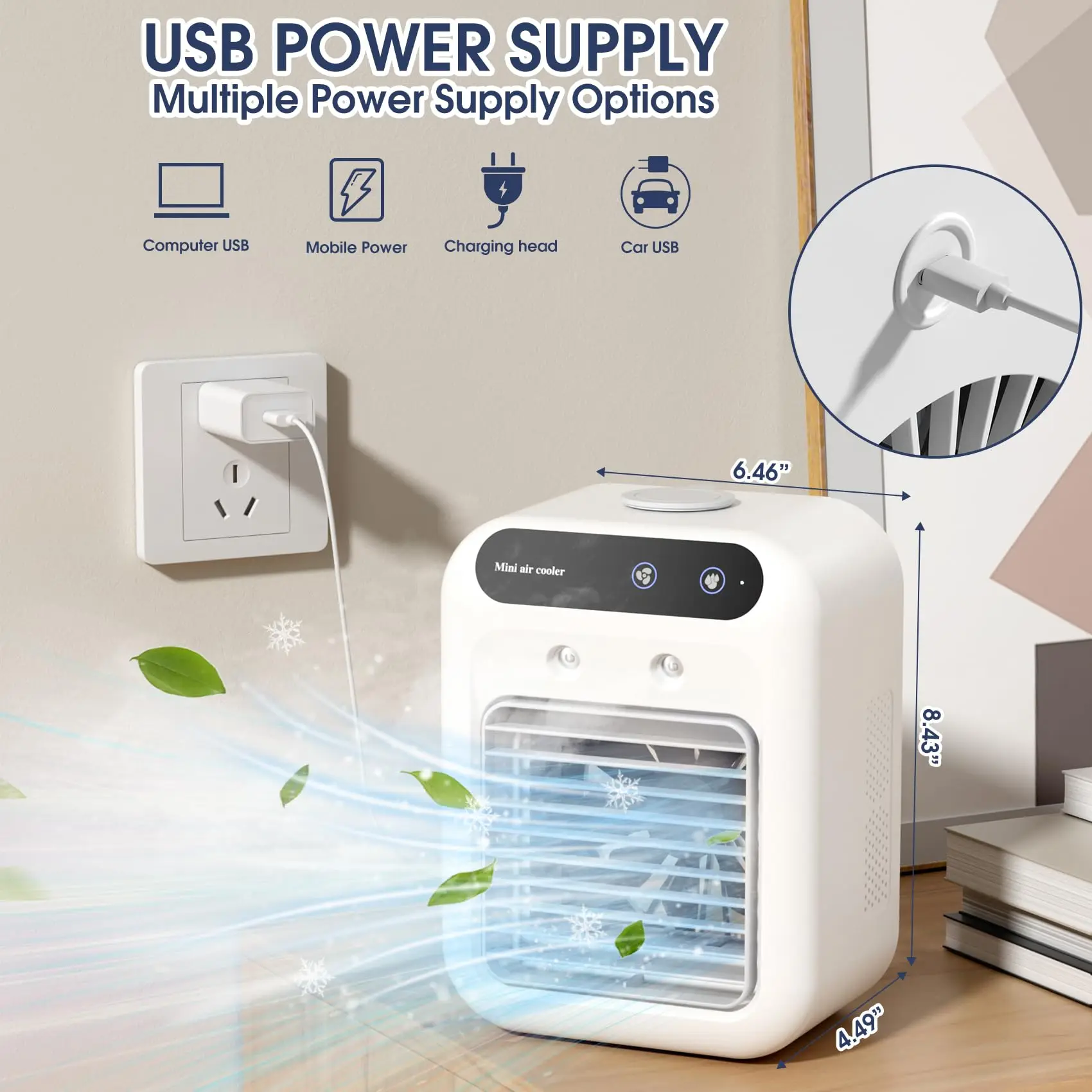 Climatizzatori portatili, mini unità CA portatile ricaricabile da 6 W 2 spray d'aria fredda, ventola di raffreddamento personale con 2 velocità