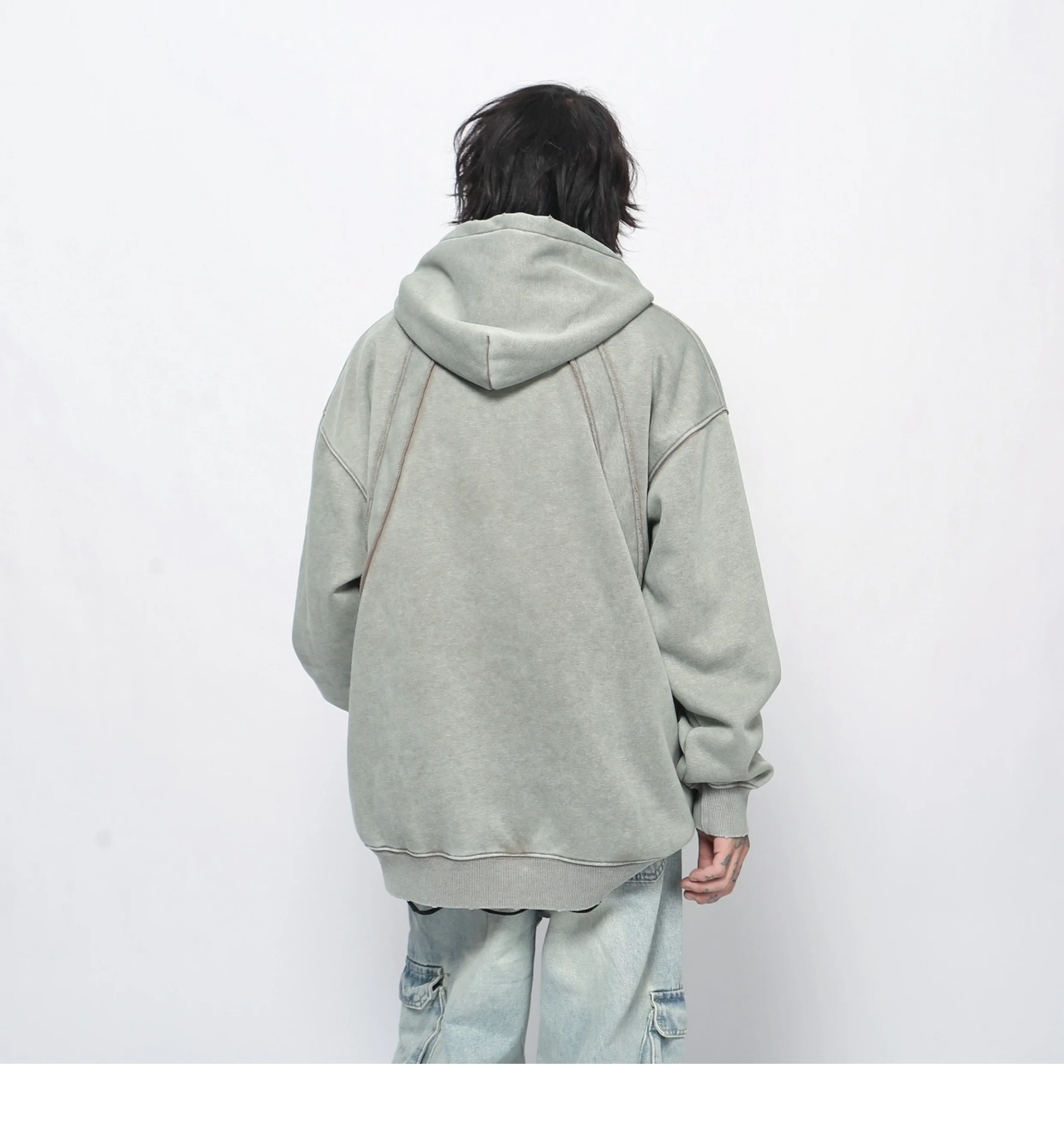 الربيع والخريف جديد الصناعة الثقيلة شارع العليا المطرزة المرقعة الصوف الأسود هوديي النمط الأمريكي الرجال خمر رمادي أعلى