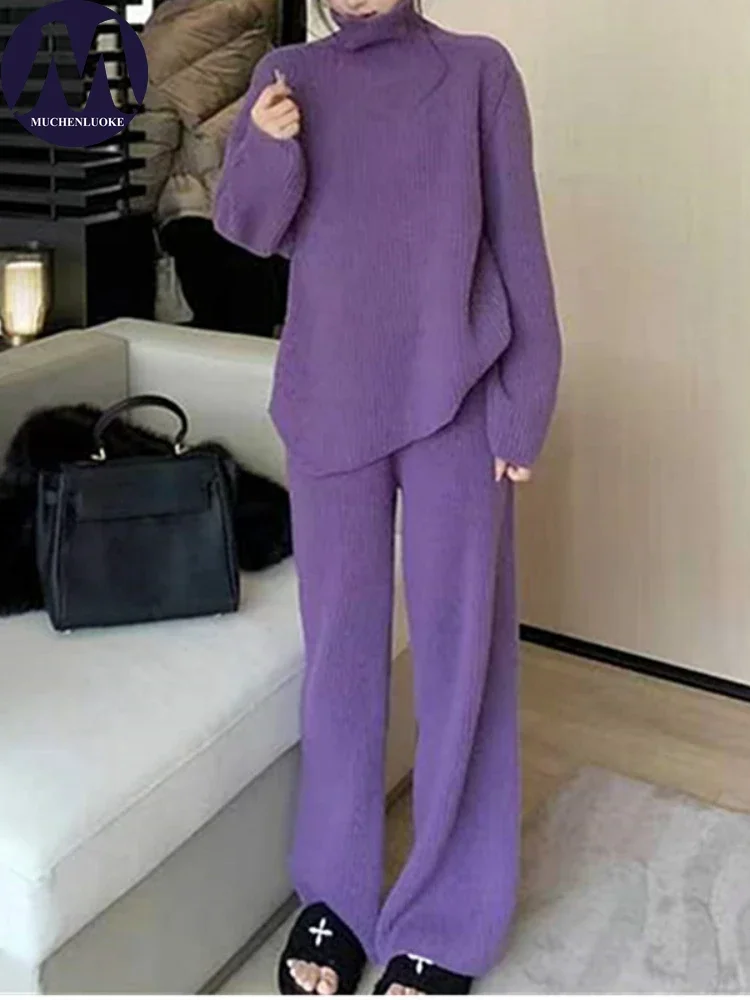 

Knitted High Collar Sweater and Wide Leg Pant Set for Women, Casual Tops, Korean Fashion, Autumn, Winter, New, 2021, 2 Pcs