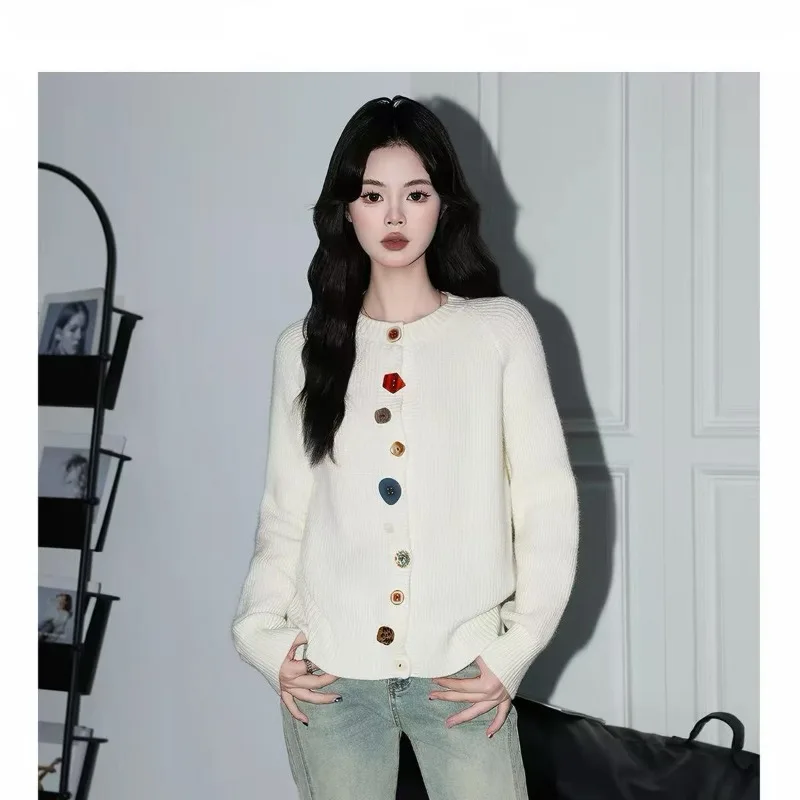 Women Korean Style Colorful Button Knit Cardigan Round Neck Long Sleeve Sweater Coat Autumn Winter