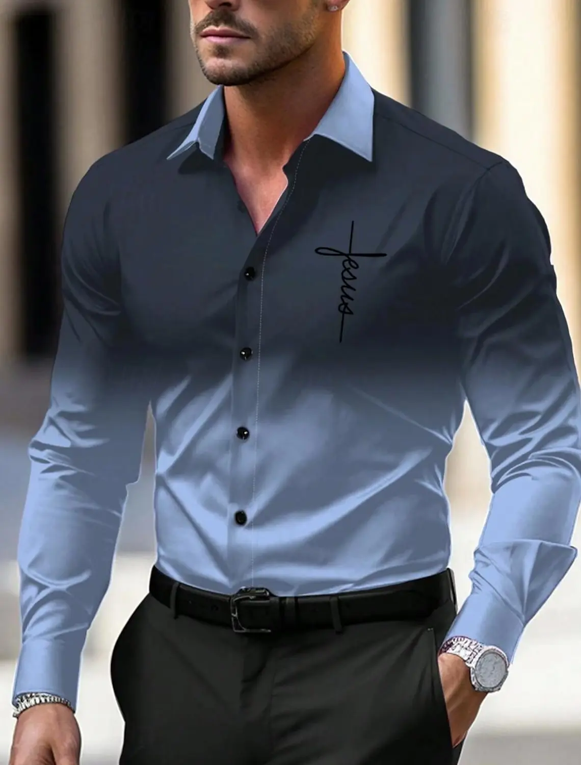 Men's Business Casual Printed Long Sleeve Shirt Formal Button Up Shirt Fall Winter Spring Summer Cuffed Long Sleeve Blue