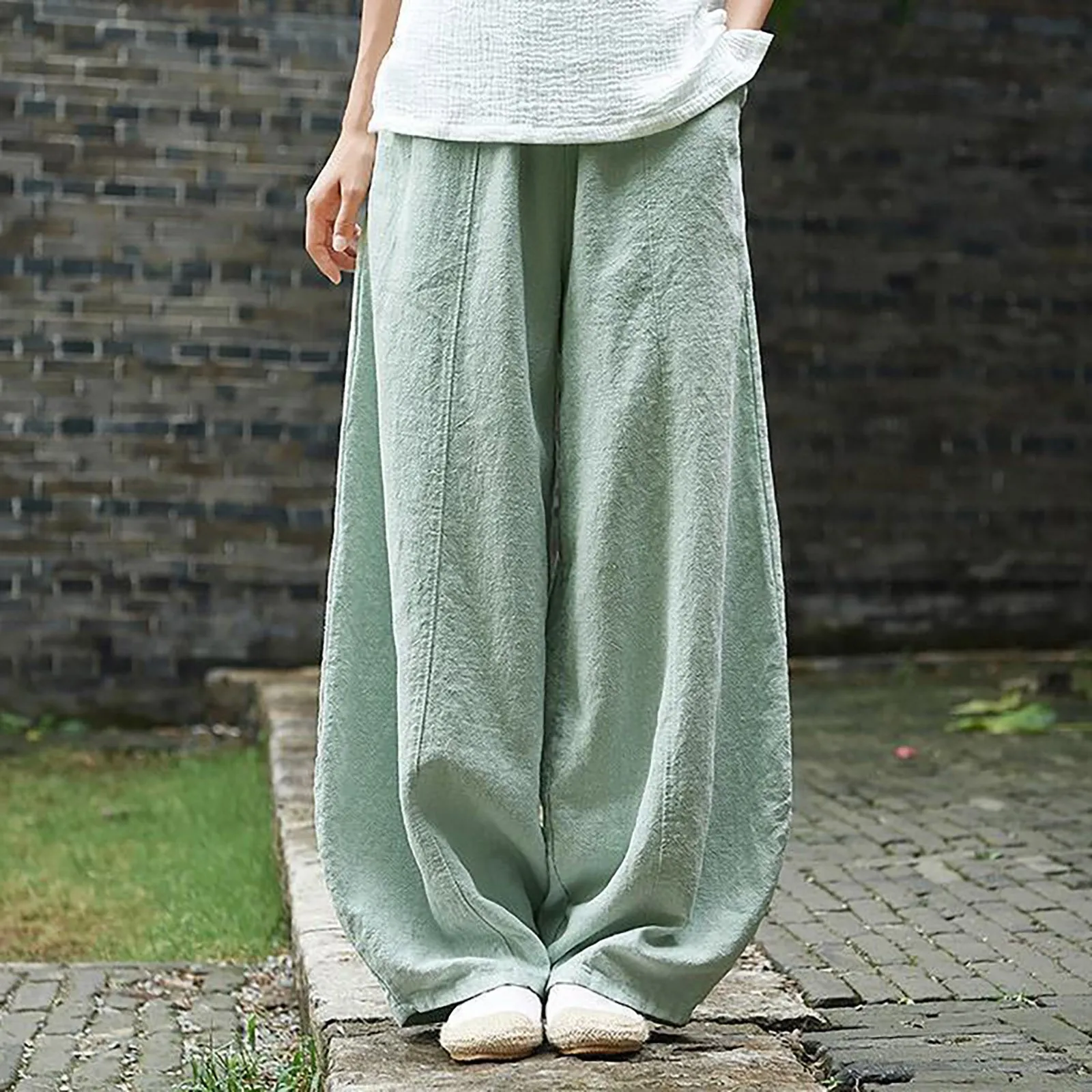 Women Cotton Linen Pants Trendy Solid Color Loose Double Pocket Pants Spring Summer Wide Leg Jogging Trousers Casual Daily Wear