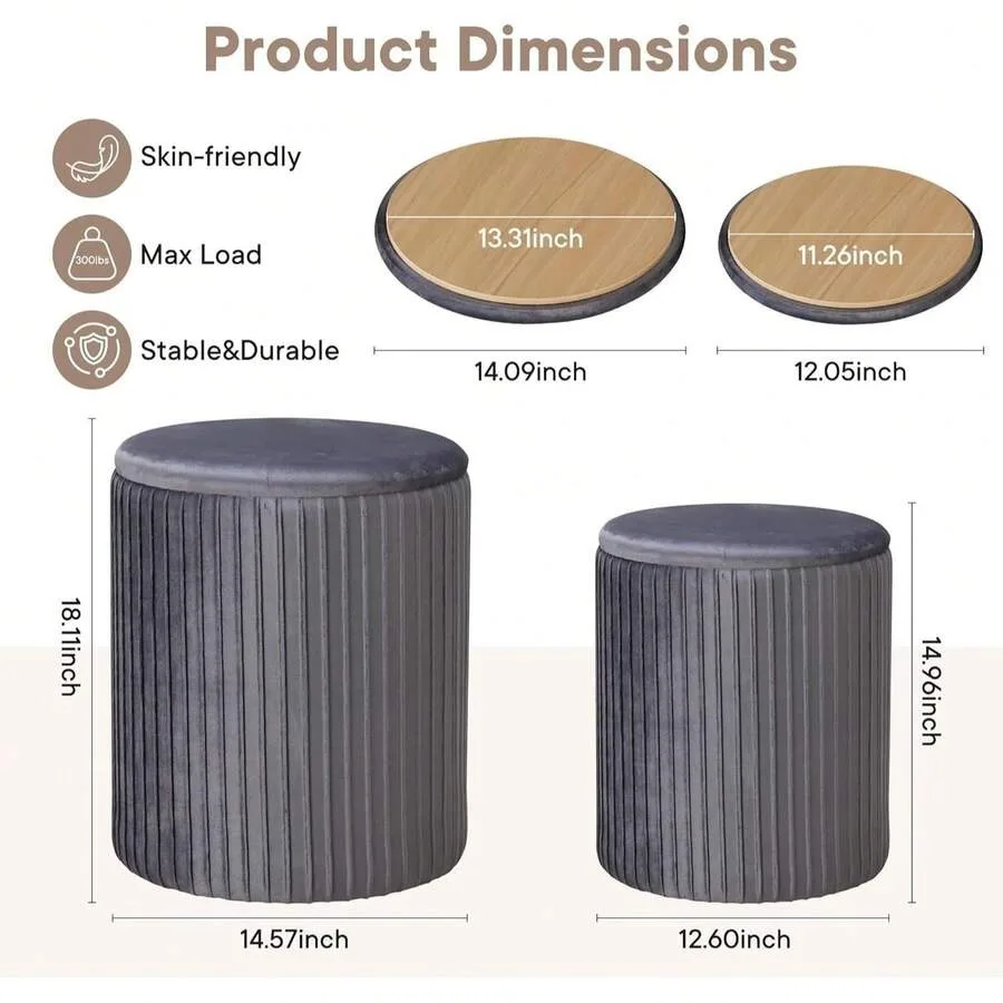 Sweetcrispy Round Ottoman With Storage Set Of 2, Vanity Stool Chair With Storage, Makeup Cute Soft Small Footstool Modern Style