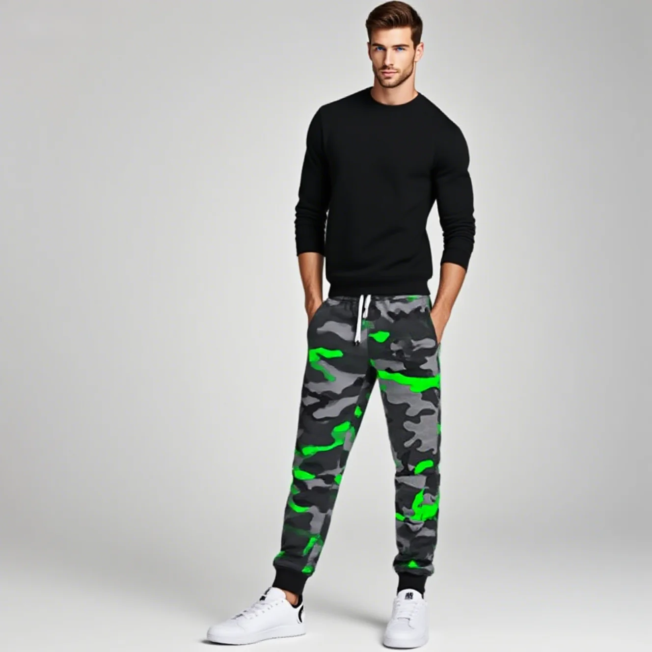 

Fashionable retro camouflage ankle pants for men, loose straight leg high street hip-hop style ankle sweatpants