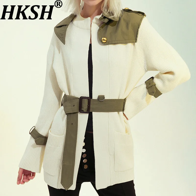 

HKSH Knitted Sweater Cardigan For Women Autumn New Irregular Spliced Contrast Color Sashes Elegant Tide Chic Windbreaker HK10742