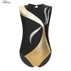 Kid Girls Rhinestone Gymnastic Leotard Ballet Jersey Biketard Bodysuit Mesh Sleeveless Metallic Artistic Figure Skating Jumpsuit