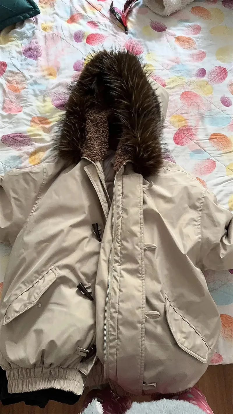 Warm Down jacket Ladies Pai Overcome Winter 2026 New Cotton Padded Coat Women Parkas Horn Hooded Outcoat Big fur collar Overcoat
