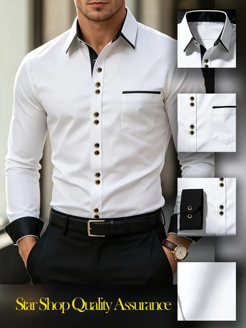 FGKKS Herrenhemd Brandneues Herren-Modehemd in Mehrfarbigem Patchwork-Design mit Langen Ärmeln und Elastischem Bund Smart Casual Männerhemd in Weiß – Detail 1