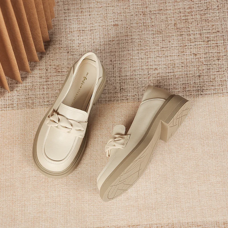 

Casual Woman Shoe British Style All-Match Loafers With Fur Oxfords Clogs Platform Round Toe Modis Preppy Summer New Slip-on Leat