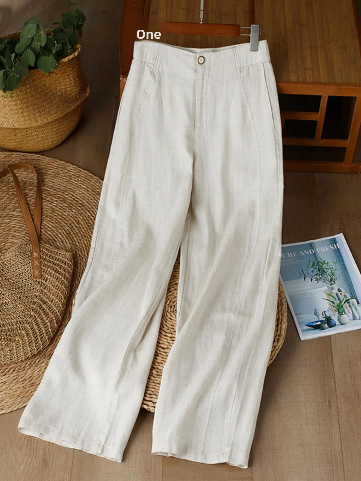 Cintura alta perna reta calças de perna larga feminina algodão linho versão estreita retro sle casual calças compridas início do outono