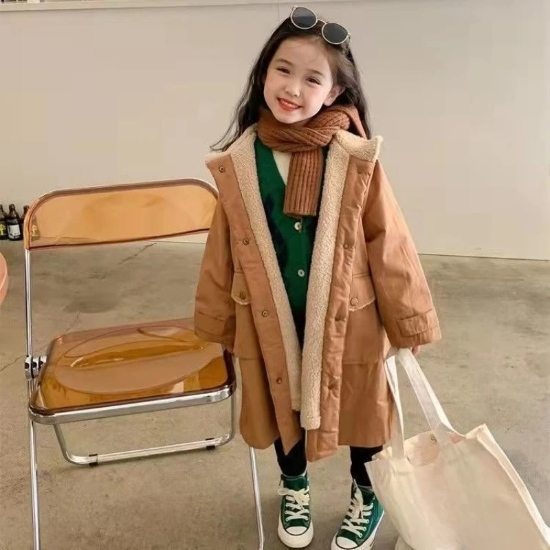Girls' Hong Kong Style Padded Trench Coat – Thick Mid-Length Winter Jacket, Fleece Trendy Outerwear for Kids