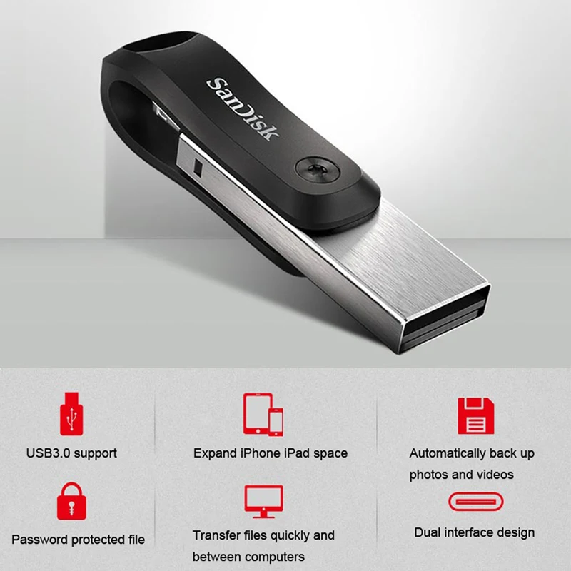 SanDisk SDIX60N Dual-Purpose Swivel USB3.0 Flash Drive 128GB 256GB Metal U Disk OTG Lightning Connector For iPhone /iPad/PC