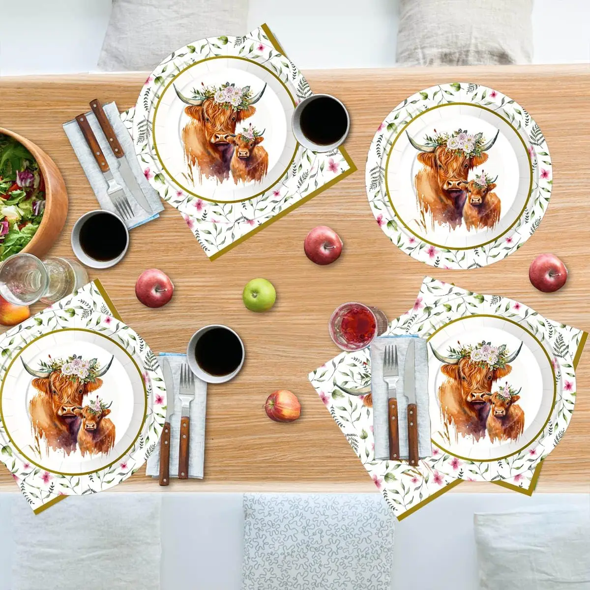 Farm Animals Party Tableware Set, Plates, Straws, Cups, Napkins, Highland Cow Print, Birthday Decorations