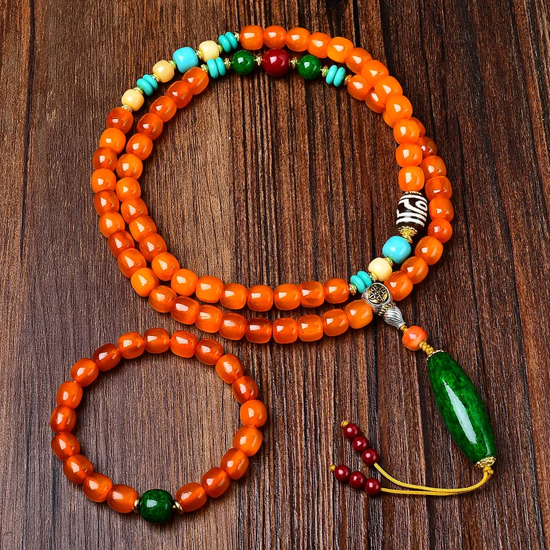 Natural Gold Color 108 Beads Tibetan Style Multi-Circle Bracelet With Turquoise And Antler