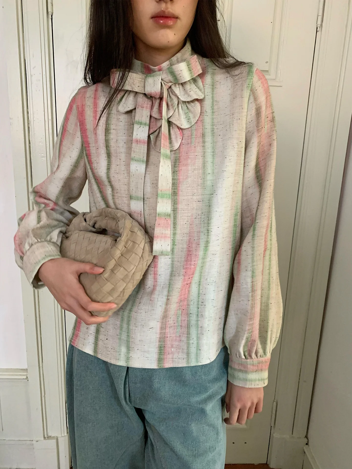 

Spoii Loose Cotton Linen Shirt Printed Knot Half High Collar Striped Pattern Casual Style Women's Long Sleeve Shirt