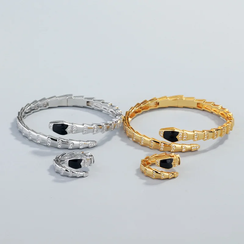 Designer Collection Fashion Style Women Lady Ring Bracelet Plated Gold Color Inlay Zircon Snake Snakelike Bangle Jewelry Sets