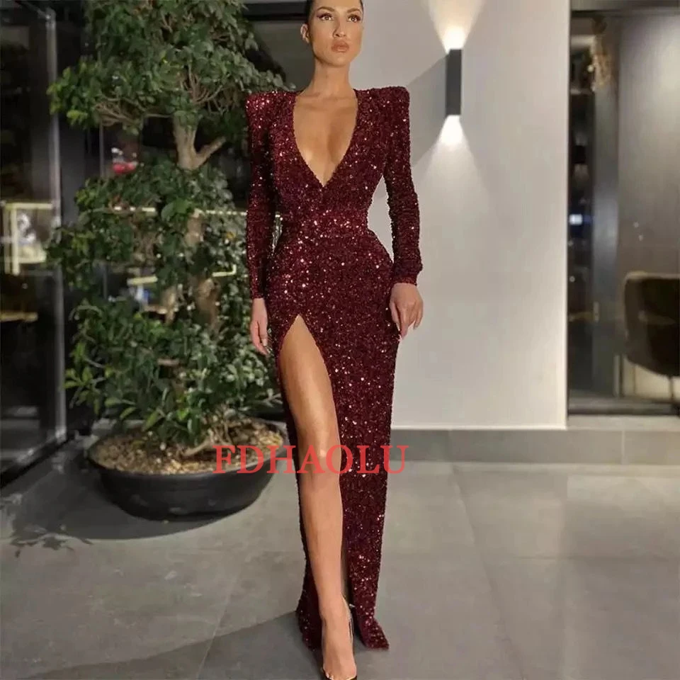 2022 Black Mermaid ชุดราตรีเซ็กซี่ Slim Fit Custom Made ผู้หญิงชุดราตรีแขนยาว Sequined ด้านข้างแยก Robe De soiree