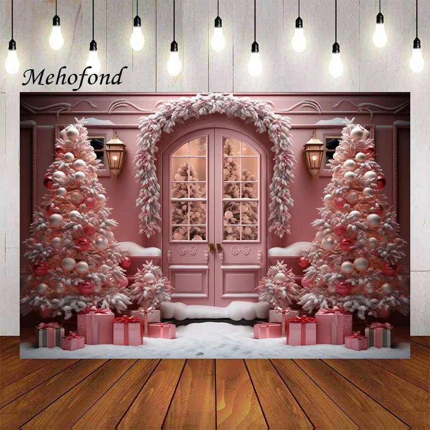 

Mehofond Photography Background Winter Christmas Pink Window Gift Snow Xmas Tree Kid Family Portrait Decor Backdrop Photo Studio