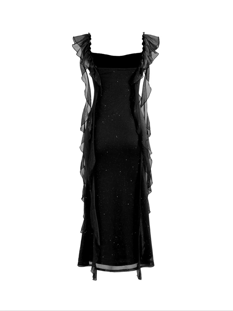 Black Velvet Sparkly Dress Women Evening Party Gown Sexy Off Shoulder Midi Length With Chiffon Cape Sleeves Asymmetrical Hem Gli