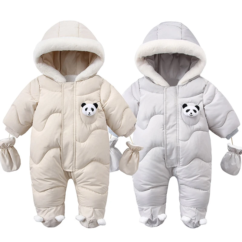 Winter Newborn Baby Romper Warm Panda Boy Jumpsuit With Gloves Cotton Plus Velvet Infant Clothing Hooded Baby Girl Clothes 0-18M