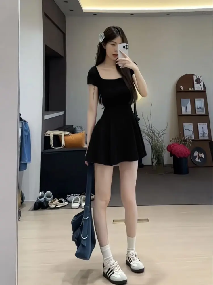 

Миниатюрное женское платье во французском стиле, шикарное эластичное платье трапециевидной формы с квадратным воротником и короткими рукавами, облегающее летнее повседневное элегантное милое платье