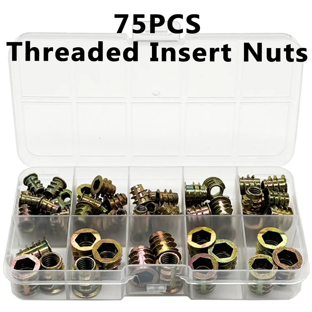 Kit de 75 Tuercas Roscadas E-Nut M4 M5 M6 M8 con Cabeza Hexagonal para Muebles de Madera, Camas, Armarios, Mesas, Tornillos Hexagonales Empotrados