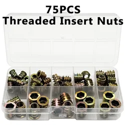 75pcs Threaded Insert Nut E-Nut Kit M4 M5 M6 M8 Hex Socket Head for Wood Furniture Bed Cabinet Table Embedded Hexagon Screws